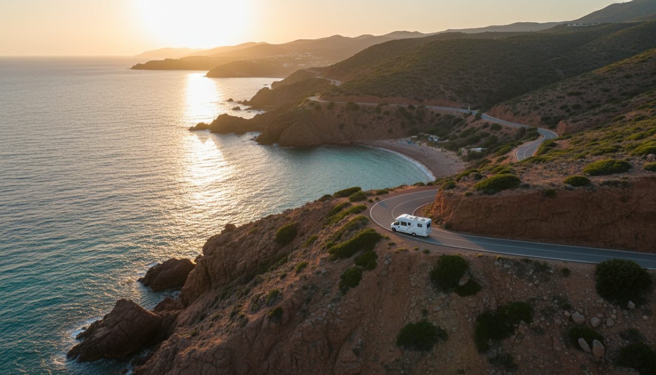 Vista aérea de autocaravana Benimar en carretera costera mediterránea